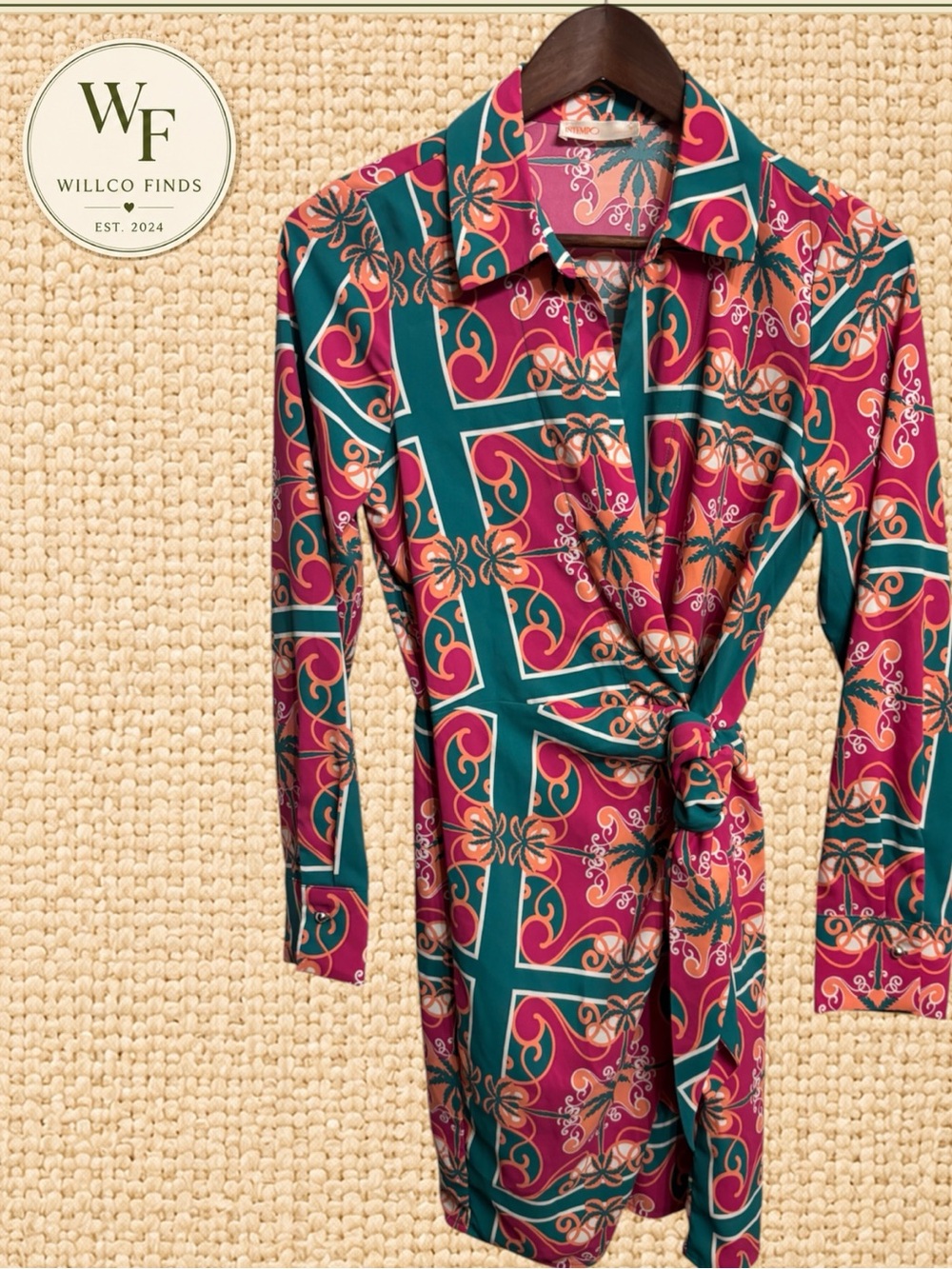 INTEMPO Women’s Tropical Palm Print Wrap Shirt Dress Multicolor Long Sleeve